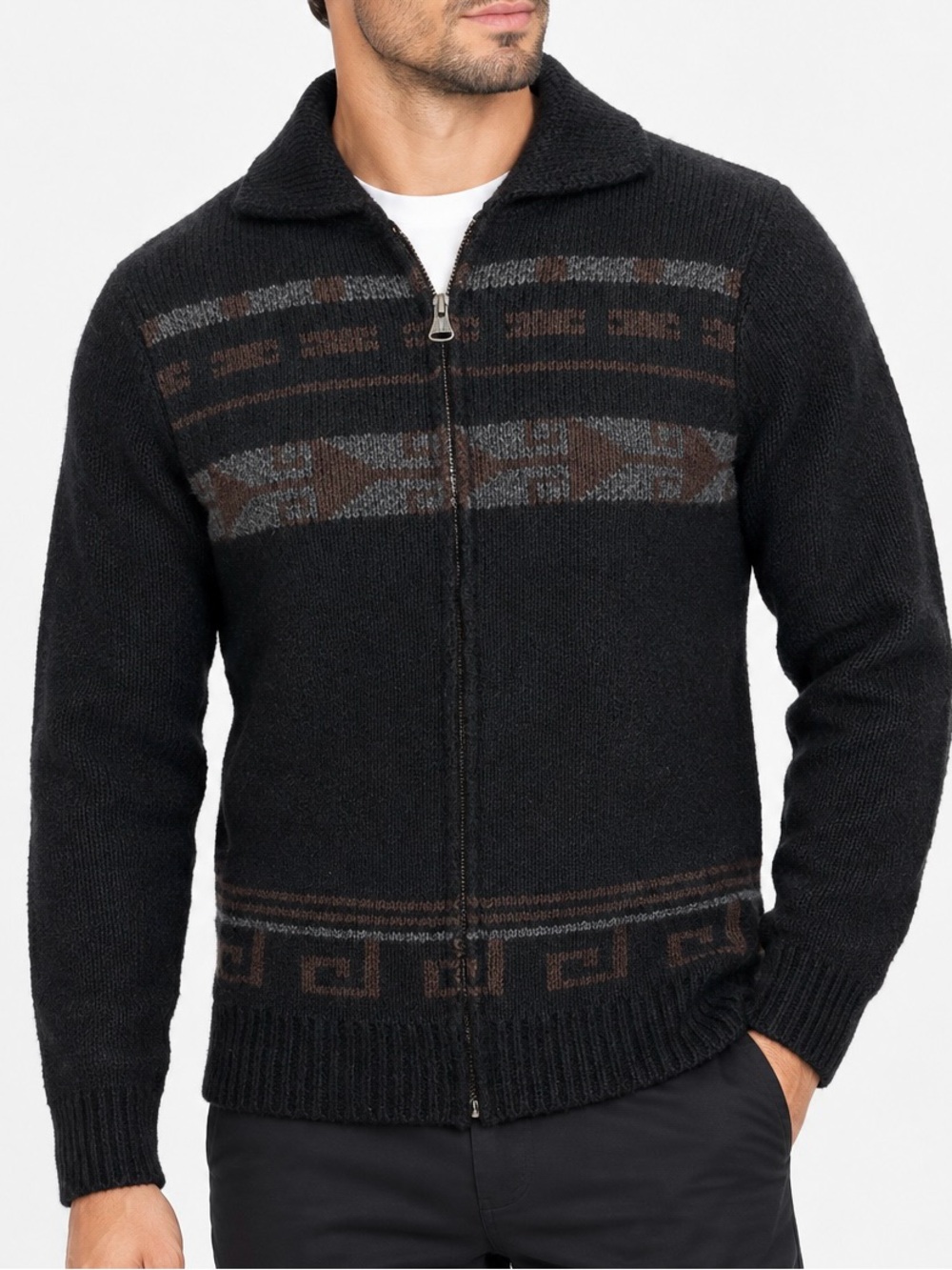 Earnest Sewn Men’s Small 100% Lambswool Full Zip Geometric Cardigan Sweater